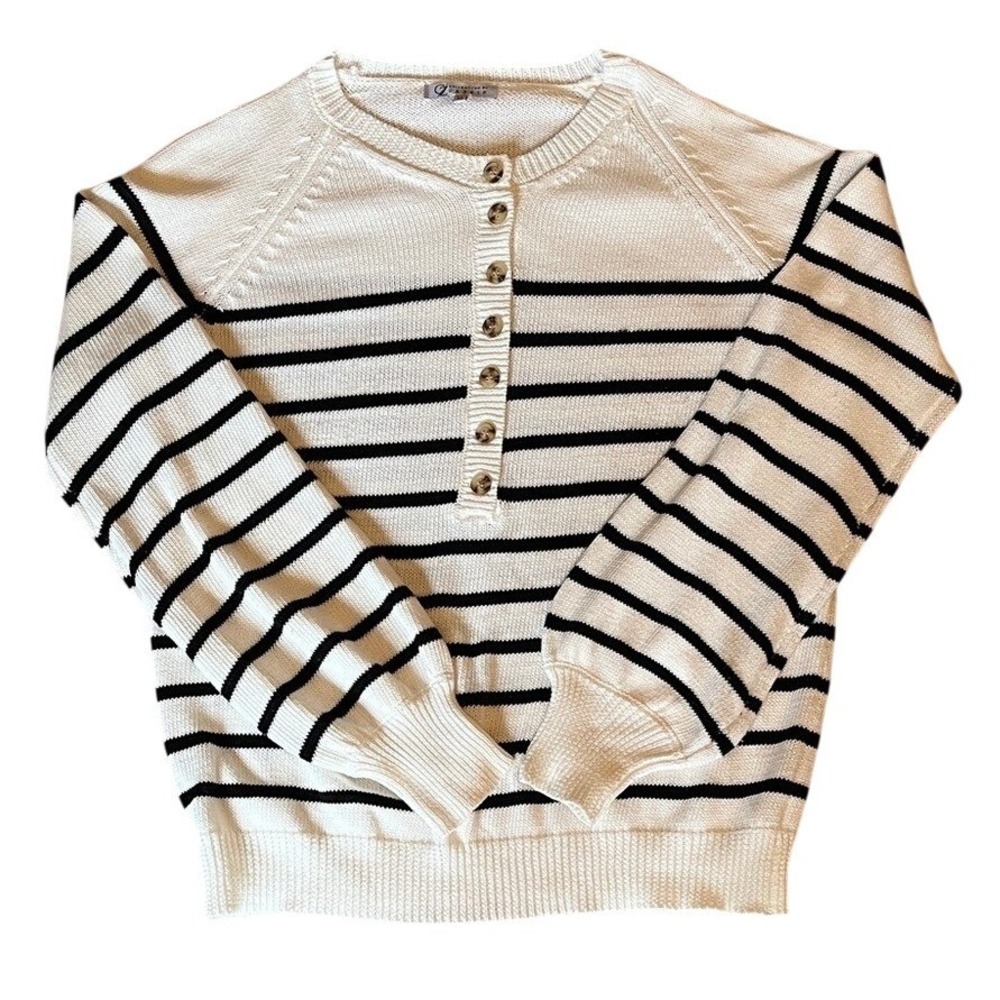 Collection by Cezele Womens Striped Henley Sweater‎ Balloon Sleeve Cream Black M